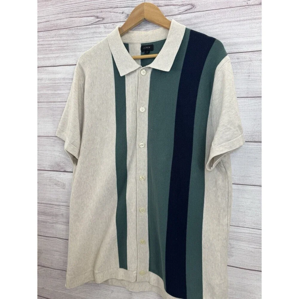 J Crew Men’s Striped Sweater Polo Short Sleeve Button Up Shirt Size Large
